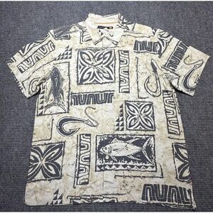 Quiksilver Waterman Collection Shirt Mens XL Beige Black Aloha Fish Hook Print